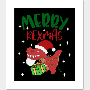 Funny Merry Rexmas Bearded TRex Christmas Hat Merry Xmas Posters and Art